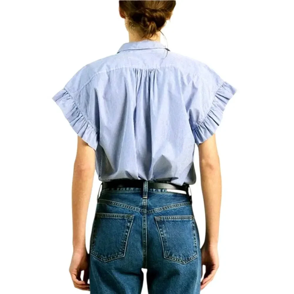 Travota Marianne NWT Birds of Paradise Button Ruffle Shirt Blue White Cotton XS - Picture 7 of 14